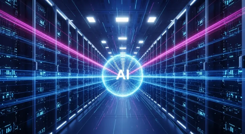 EU Fortifies Tech Sovereignty with €1 Billion AI Investment 3 The core of a European AI gigafactory, with vast rows of glowing servers and a central energy sphere, representing the massive computational power for training sovereign AI models.