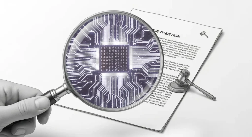 AI Regulation is Coming: What You Need to Know About the New Rules 1 AI Regulation,A line-art sketch of a magnifying glass held over a document. The document's text transforms into lines of computer code and circuit patterns, symbolizing the close examination of AI laws.