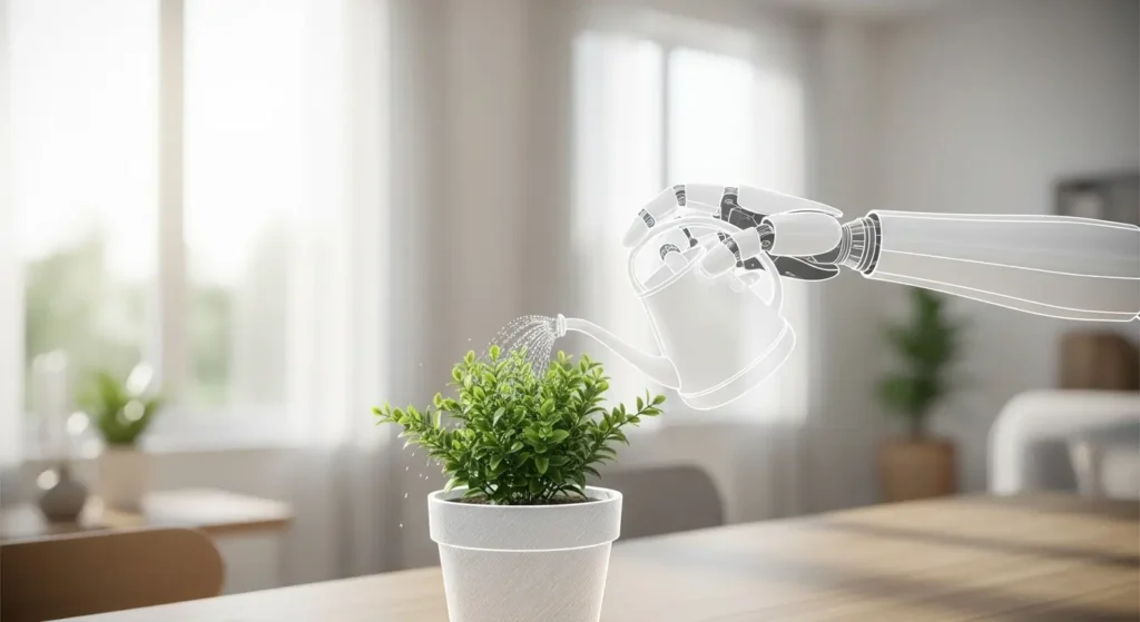 AI vs. Machine Learning vs. Deep Learning: What's the Real Difference? 1 A robotic hand, rendered in a sleek white outline style, holds a watering can and gently waters a small, vibrant green potted plant sitting on a wooden table in a sunlit room.
