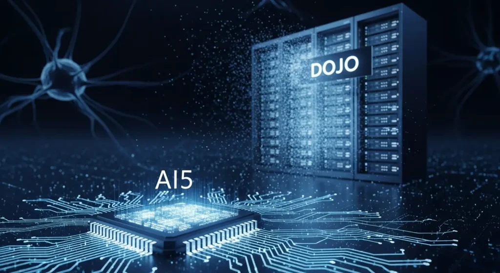 Tesla's AI Chip Strategy Shift Prioritizes Inference Power 1 Conceptual art of Tesla's new AI5 inference chip taking precedence over the fading Dojo supercomputer, symbolizing a strategic shift in AI development.
