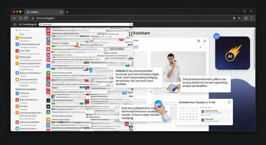 Perplexity's Comet Browser Goes Global and Free 1 A comparison of a cluttered traditional browser and the clean interface of the Comet browser featuring an AI assistant managing tasks efficiently.