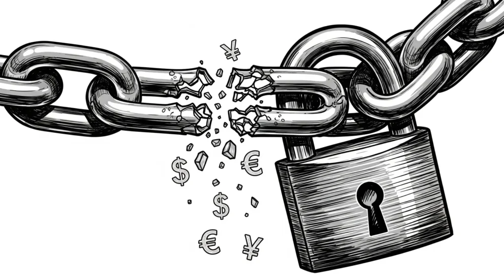 AI Regulation is Coming: What You Need to Know About the New Rules 2 A powerful sketch of a large, thick chain with a padlock on it. One of the chain links is shattered, and from the break, stylized currency symbols (dollars, euros) are falling away like debris, symbolizing financial loss from broken rules.