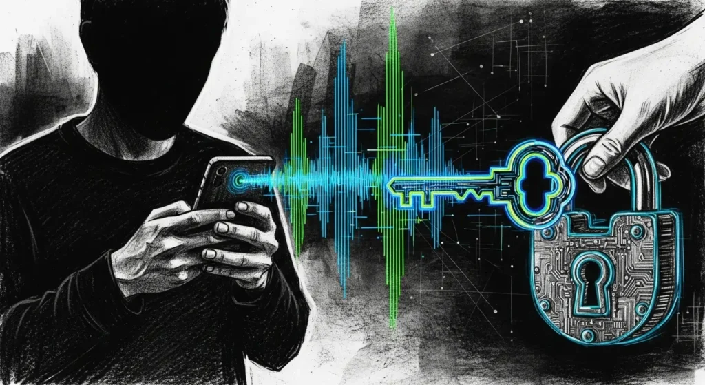 The Era of Voice Cloning Deception Has Begun, New Research Confirms 1 A shadowy figure uses a smartphone with a digital soundwave unlocking a padlock, representing the security risks of AI voice cloning like fraud and identity theft.