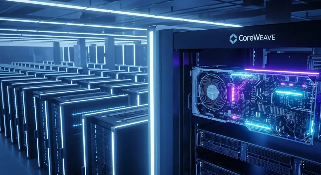 Meta’s Massive AI Infrastructure Investment & Ad Integration 3 A vast, futuristic server room filled with glowing server racks, highlighting Meta's investment in GPU capacity through its CoreWeave partnership.