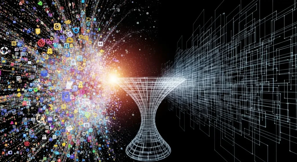 AI vs. Machine Learning vs. Deep Learning: What's the Real Difference? 2 An abstract digital art piece showing a cloud of chaotic, colorful data icons on the left flowing into a wireframe funnel, and emerging on the right as an organized, structured grid of lines.