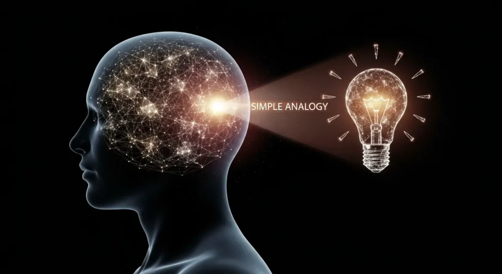 Stop Paying for AI: 10 FREE Prompts That Will Revolutionize Your Daily Life 2 Abstract visual of a human brain silhouette transforming a complex neural network into a simple, glowing lightbulb using an analogy, symbolizing AI simplifying complex topics like quantum physics or IRAs.