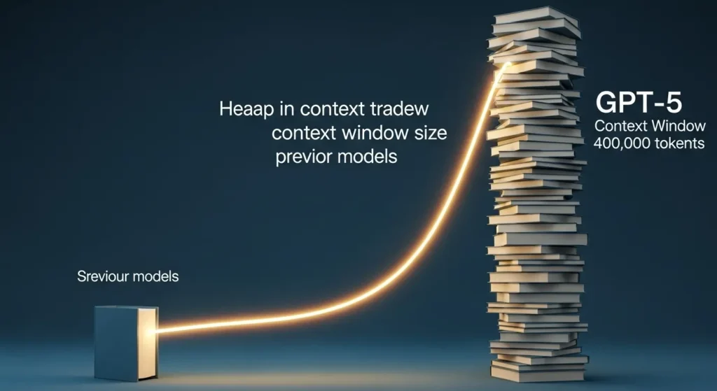 OpenAI’s GPT-5 Breakthrough Performance: AGI Milestone 2 An infographic showing a single book next to a massive stack of books, illustrating the growth of GPT-5's context window.